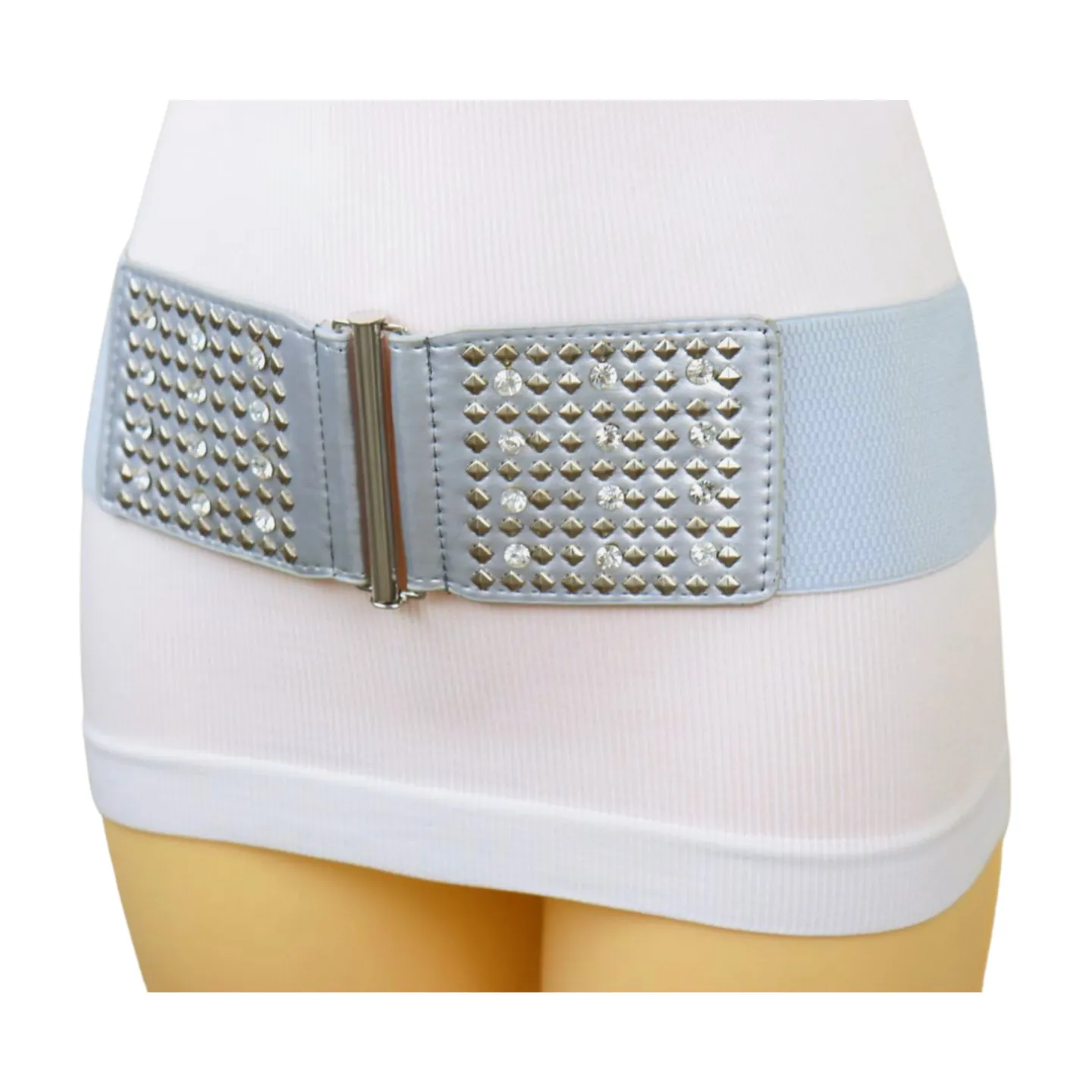 Women Silver Fashion Elastic Waistband Belt Bling Metal Studs Hip High Waist S M