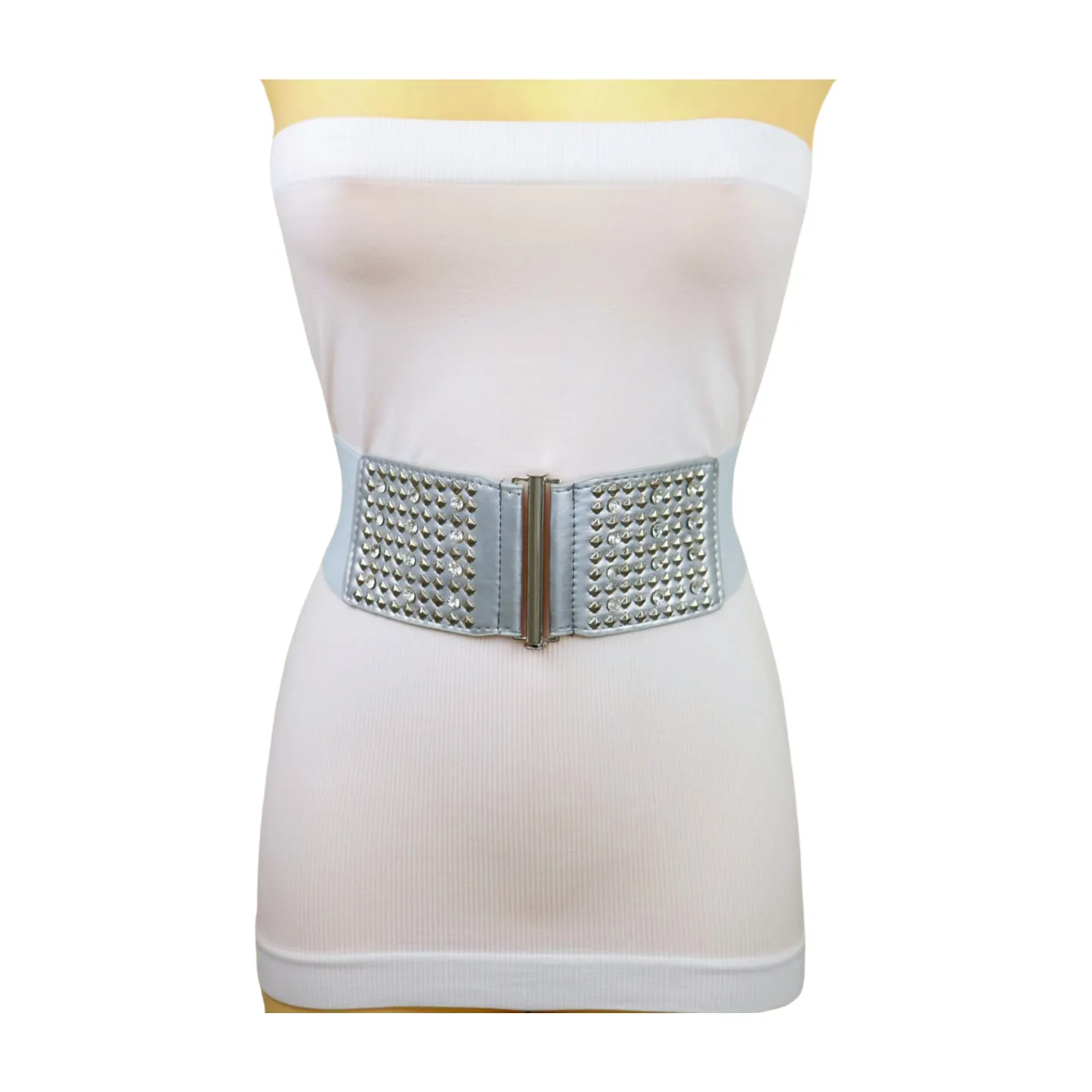 Women Silver Fashion Elastic Waistband Belt Bling Metal Studs Hip High Waist S M