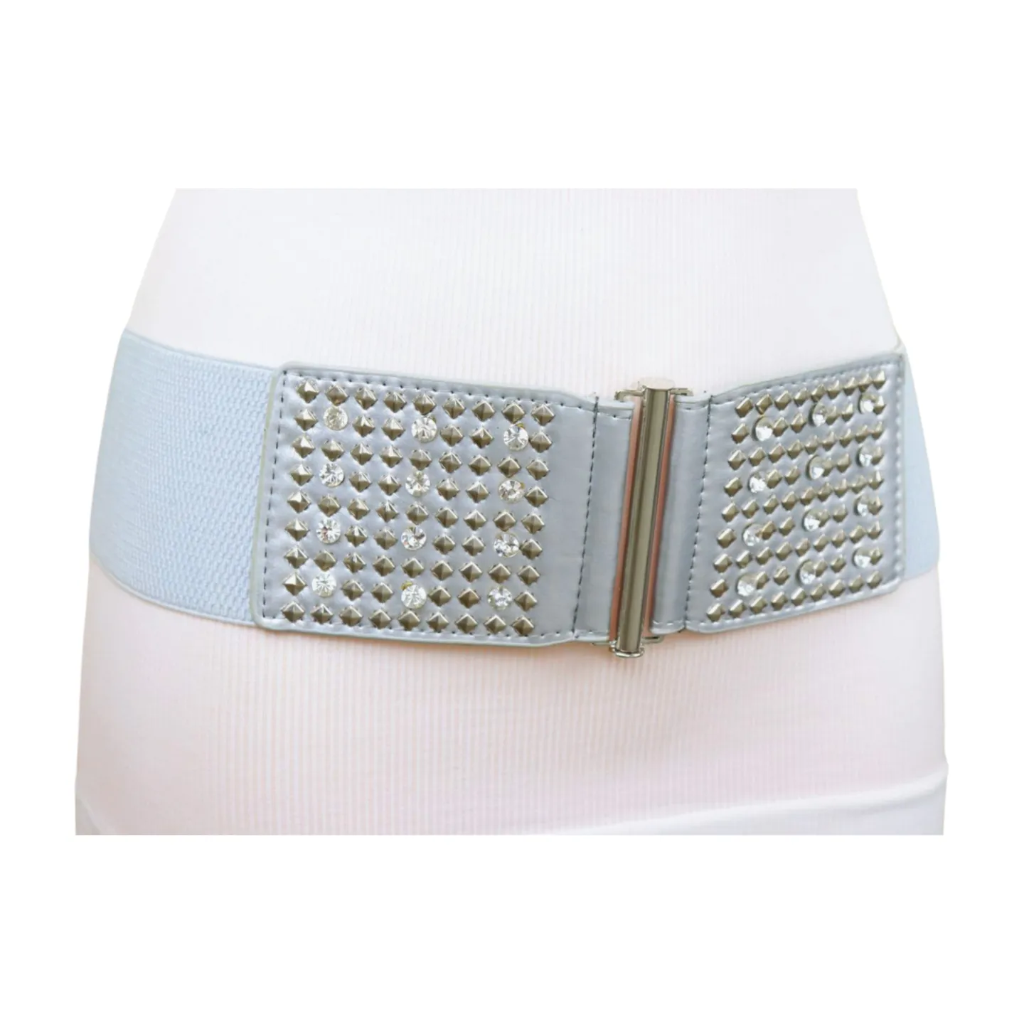 Women Silver Fashion Elastic Waistband Belt Bling Metal Studs Hip High Waist S M