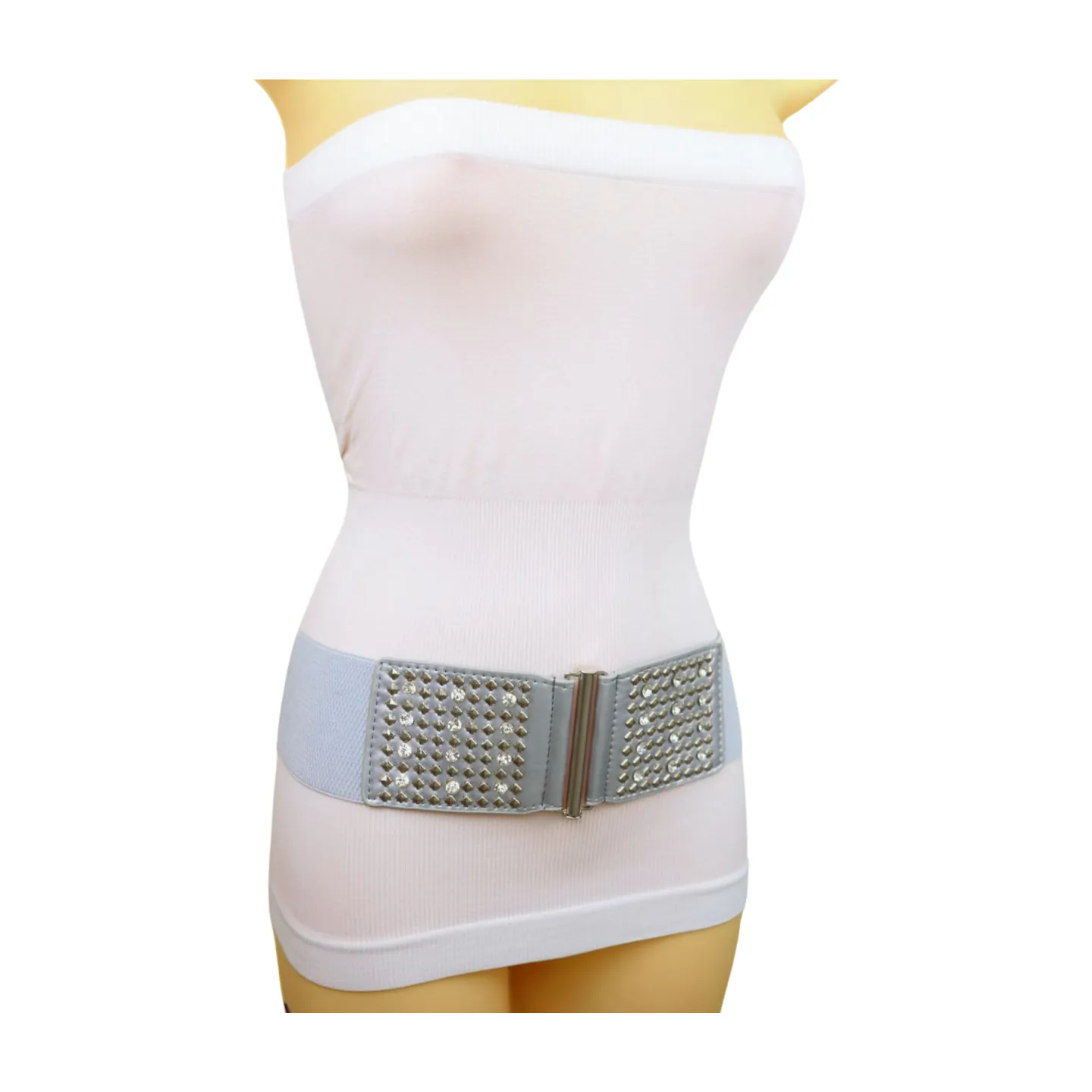 Women Silver Fashion Elastic Waistband Belt Bling Metal Studs Hip High Waist S M