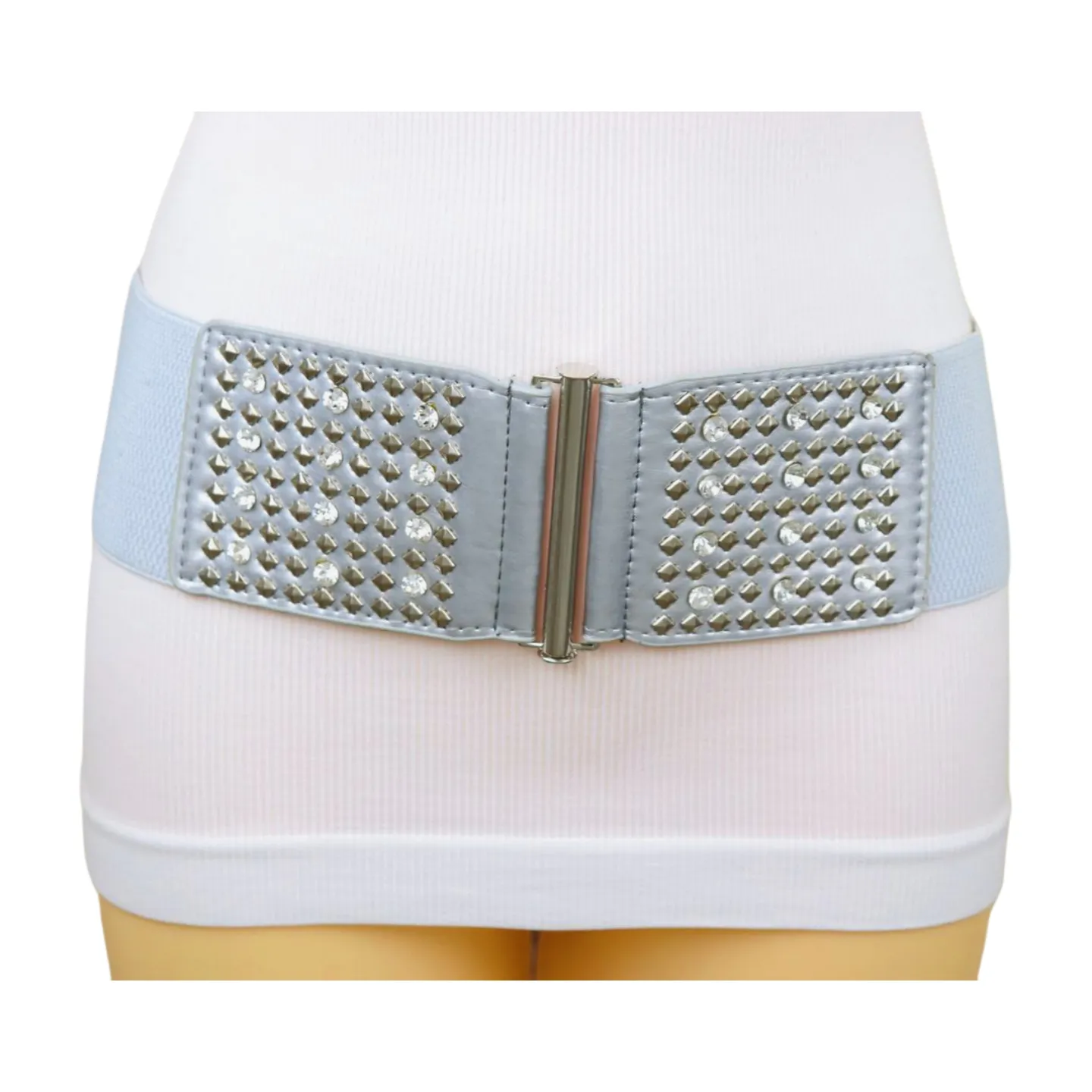 Women Silver Fashion Elastic Waistband Belt Bling Metal Studs Hip High Waist S M