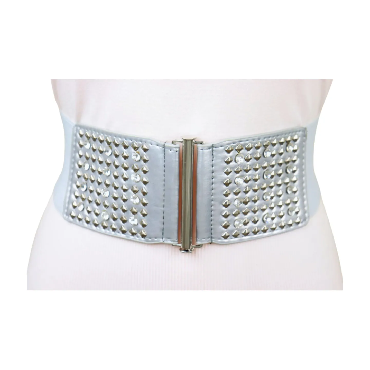 Women Silver Fashion Elastic Waistband Belt Bling Metal Studs Hip High Waist S M