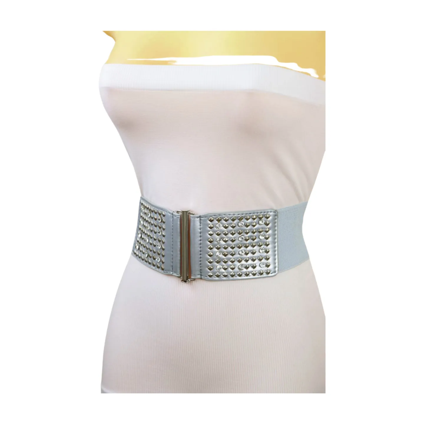 Women Silver Fashion Elastic Waistband Belt Bling Metal Studs Hip High Waist S M