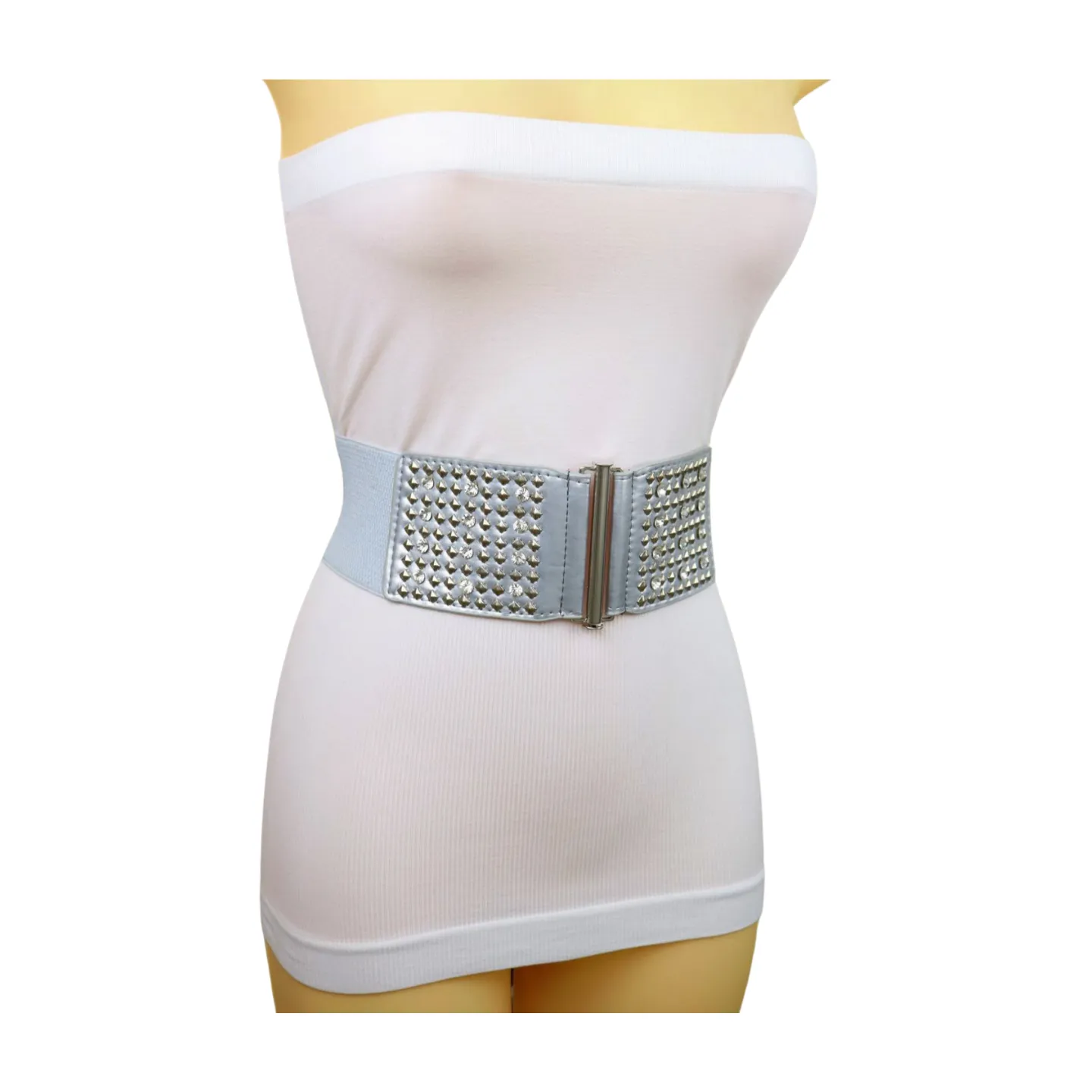 Women Silver Fashion Elastic Waistband Belt Bling Metal Studs Hip High Waist S M