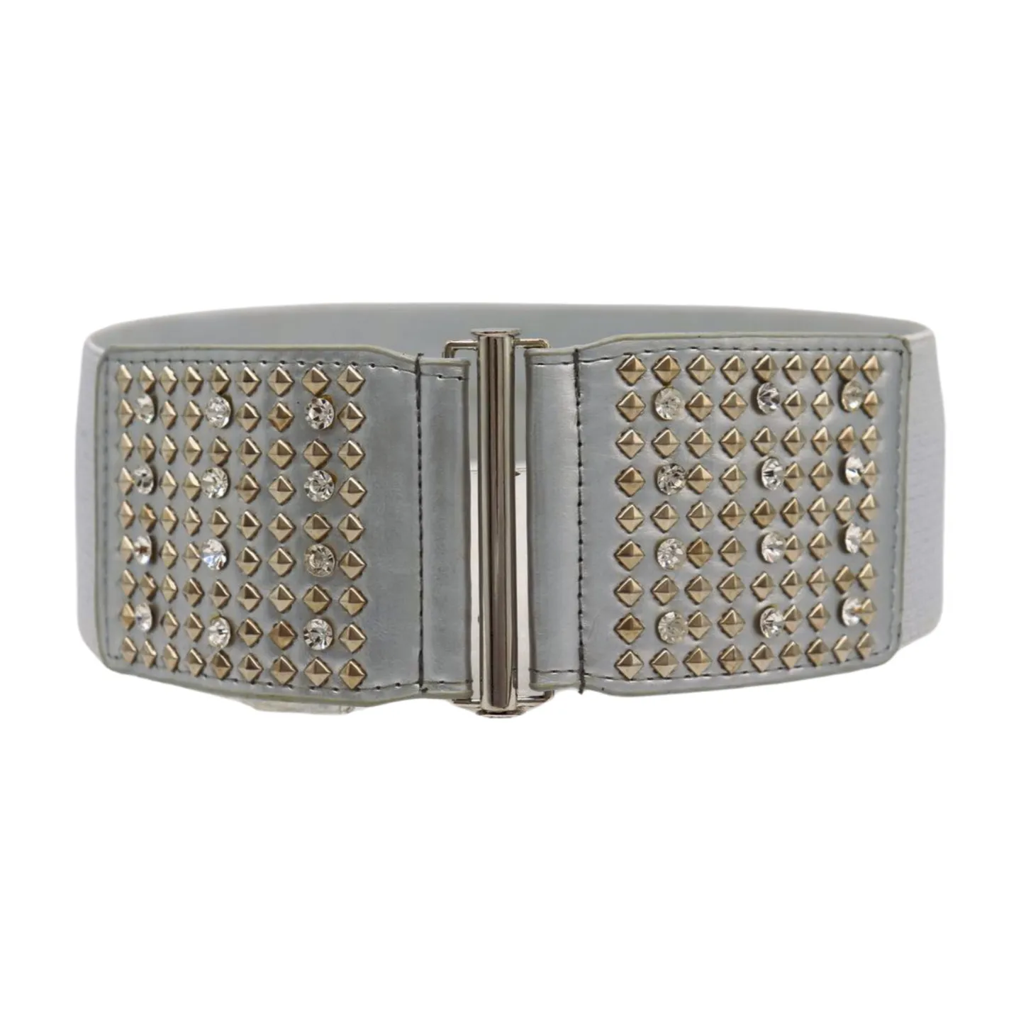 Women Silver Fashion Elastic Waistband Belt Bling Metal Studs Hip High Waist S M