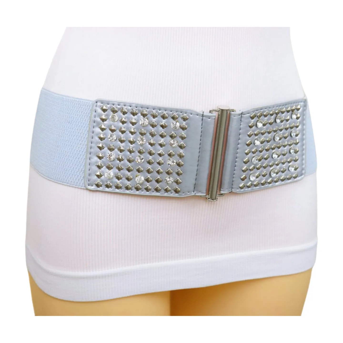 Women Silver Fashion Elastic Waistband Belt Bling Metal Studs Hip High Waist S M