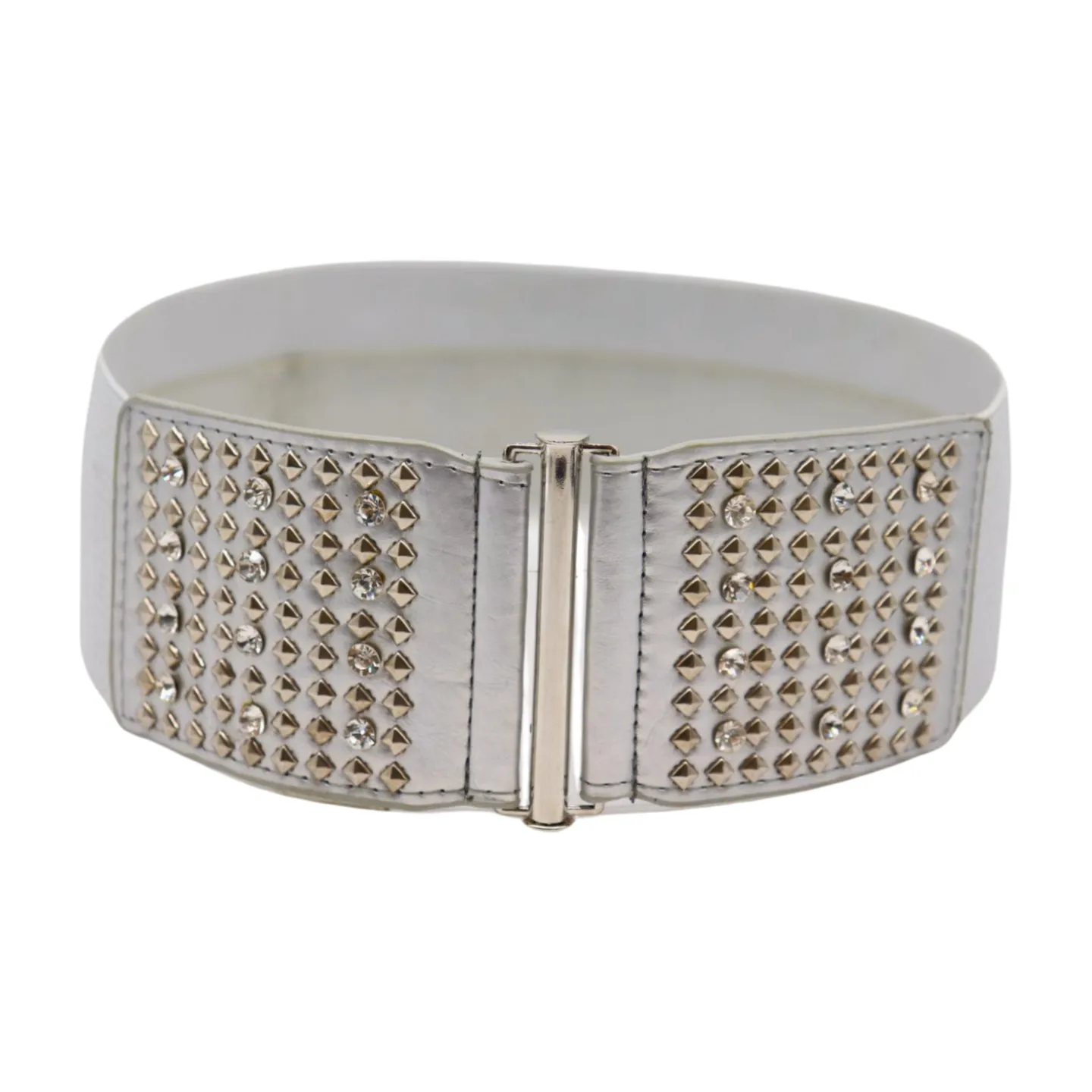 Women Silver Fashion Elastic Waistband Belt Bling Metal Studs Hip High Waist S M
