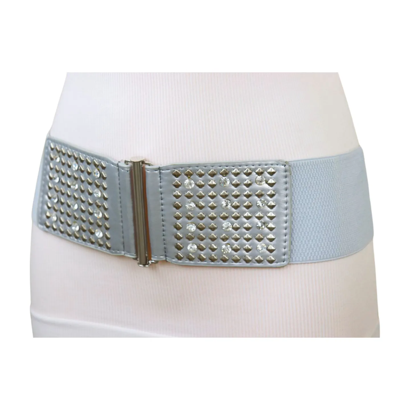 Women Silver Fashion Elastic Waistband Belt Bling Metal Studs Hip High Waist S M