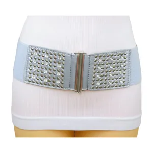 Women Silver Fashion Elastic Waistband Belt Bling Metal Studs Hip High Waist S M