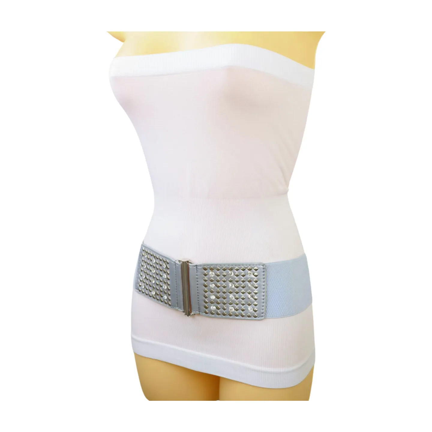 Women Silver Fashion Elastic Waistband Belt Bling Metal Studs Hip High Waist S M