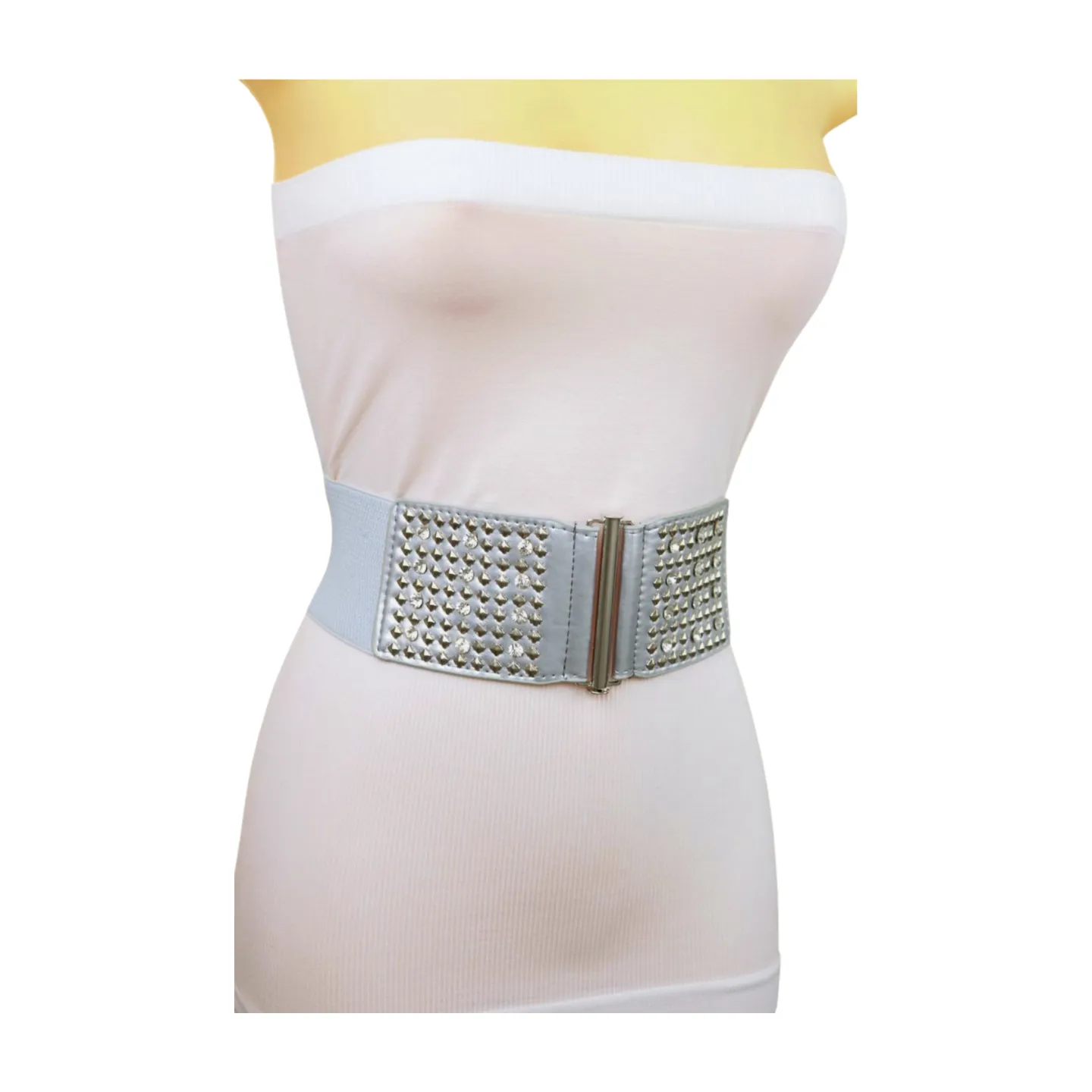 Women Silver Fashion Elastic Waistband Belt Bling Metal Studs Hip High Waist S M