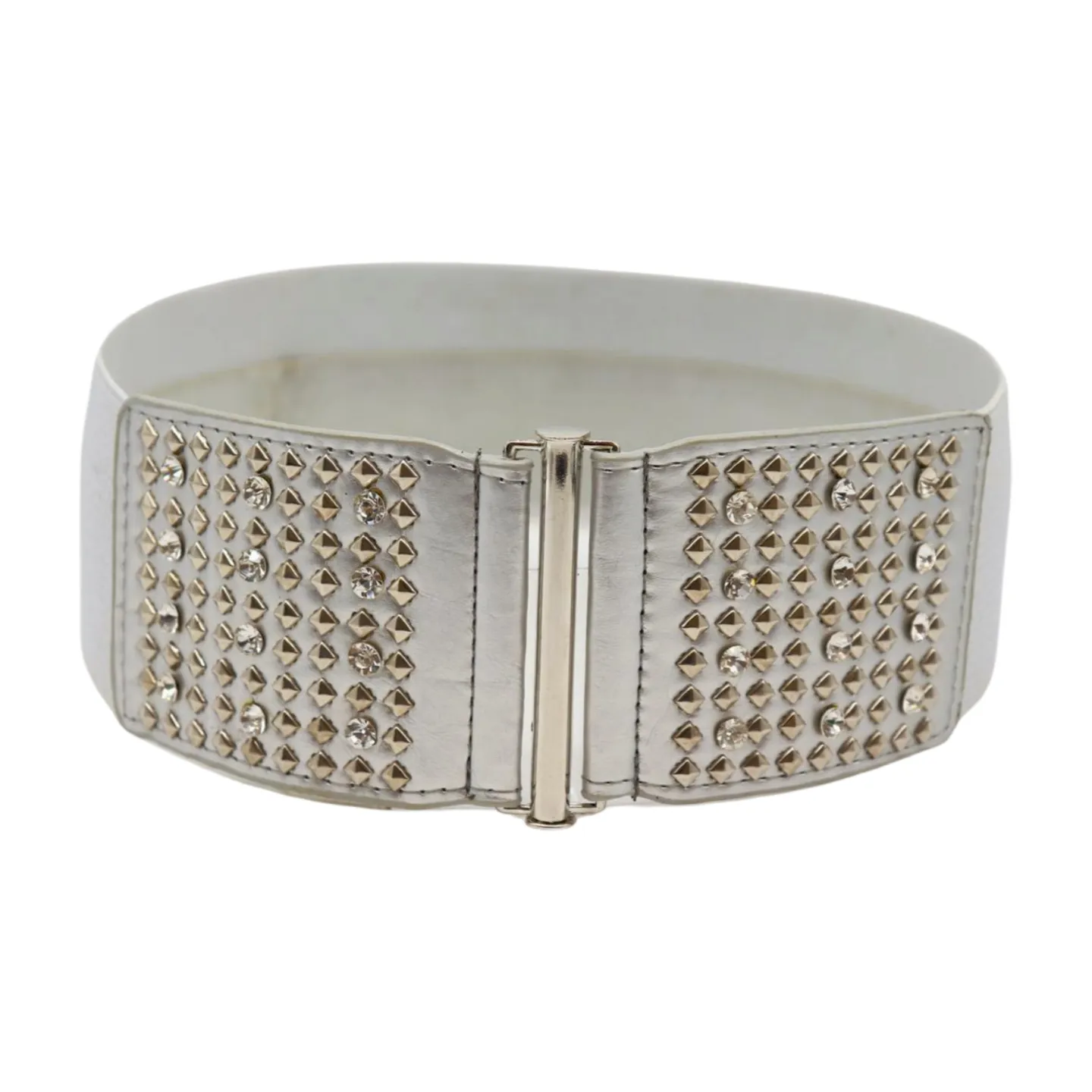 Women Silver Fashion Elastic Waistband Belt Bling Metal Studs Hip High Waist S M