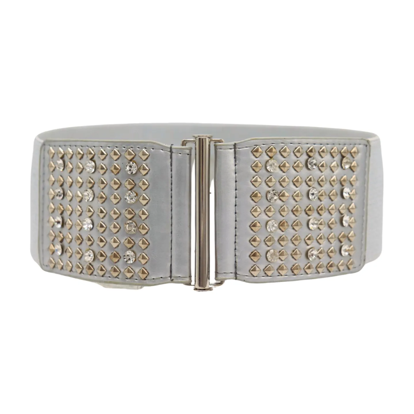 Women Silver Fashion Elastic Waistband Belt Bling Metal Studs Hip High Waist S M