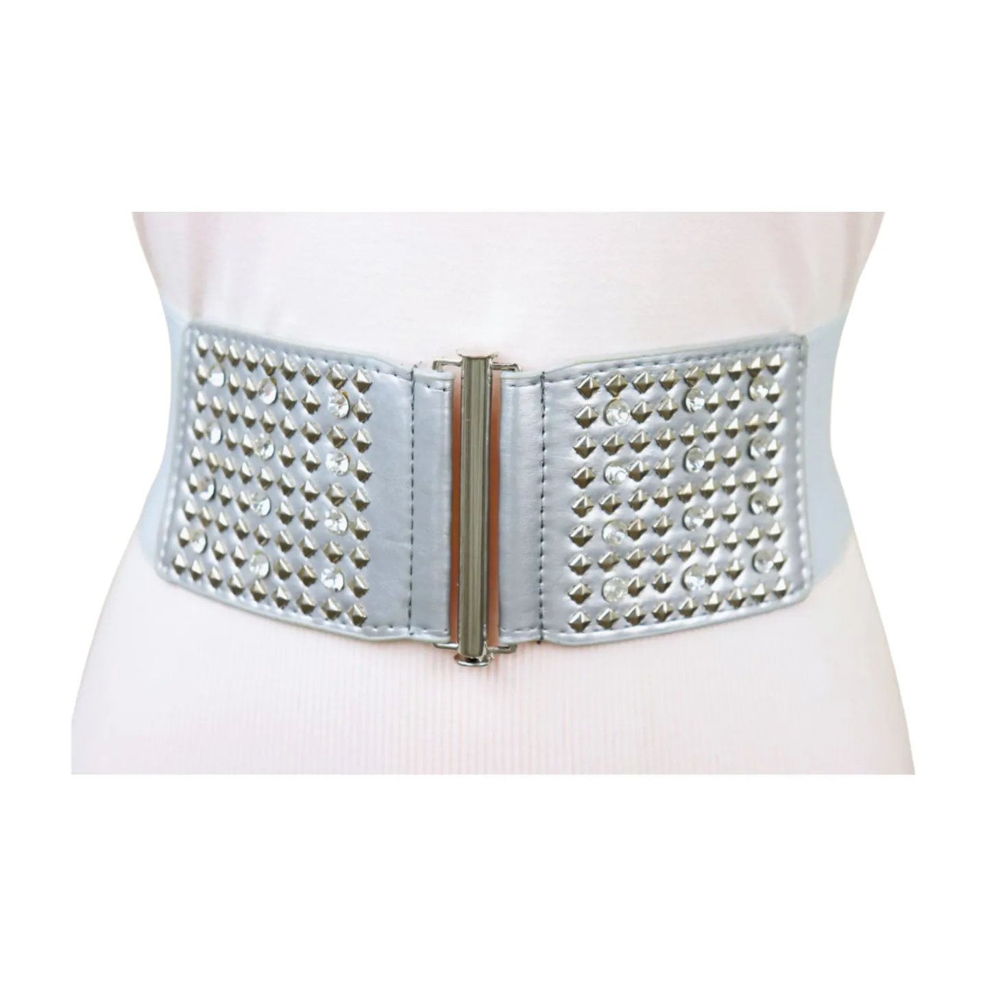 Women Silver Fashion Elastic Waistband Belt Bling Metal Studs Hip High Waist S M