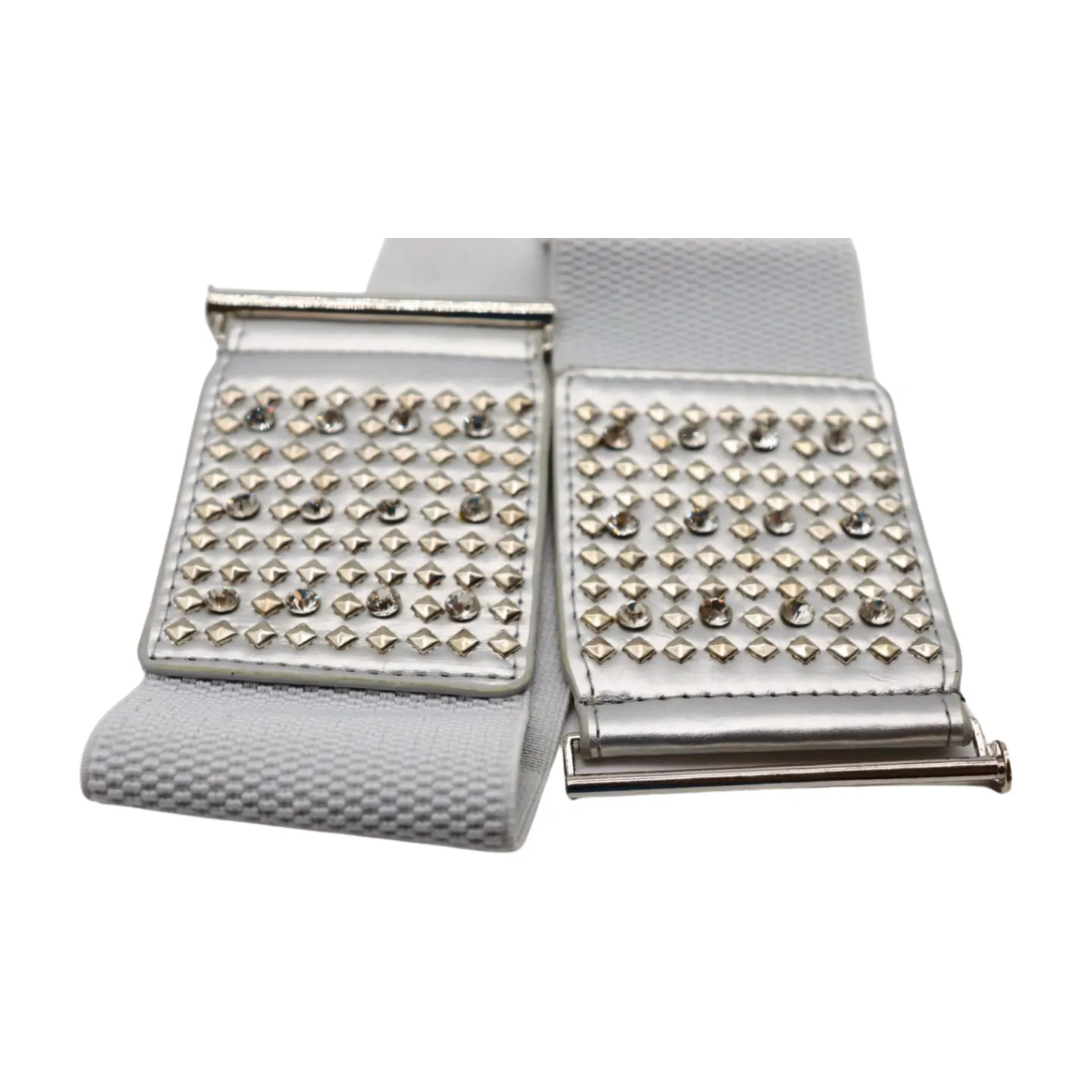Women Silver Fashion Elastic Waistband Belt Bling Metal Studs Hip High Waist S M