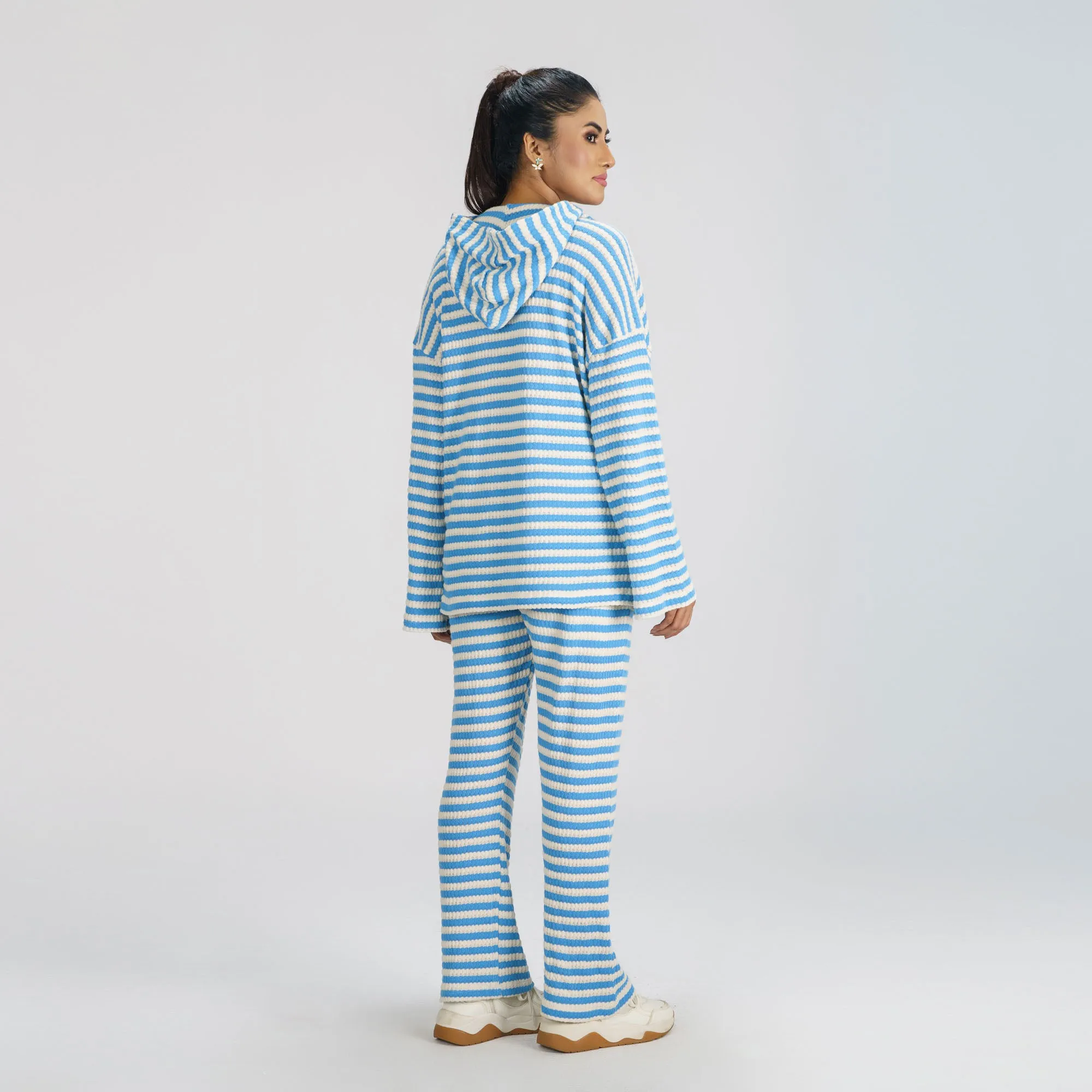 Women White & Blue Hoodie Joggers Set