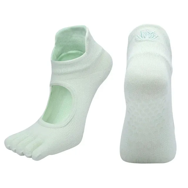 Women's Breathable Pilates Socks with Grips - Non-Slip Five Finger Yoga Socks, Backless Ballet Dance Fitness Toe Socks