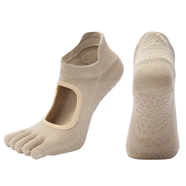 Women's Breathable Pilates Socks with Grips - Non-Slip Five Finger Yoga Socks, Backless Ballet Dance Fitness Toe Socks