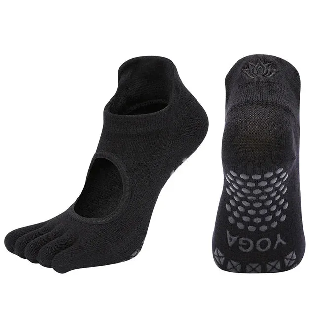 Women's Breathable Pilates Socks with Grips - Non-Slip Five Finger Yoga Socks, Backless Ballet Dance Fitness Toe Socks