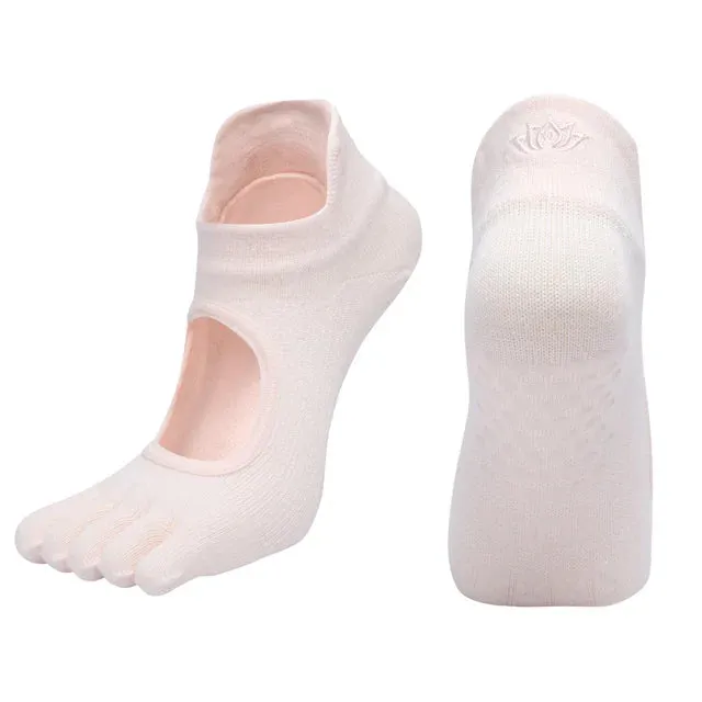 Women's Breathable Pilates Socks with Grips - Non-Slip Five Finger Yoga Socks, Backless Ballet Dance Fitness Toe Socks