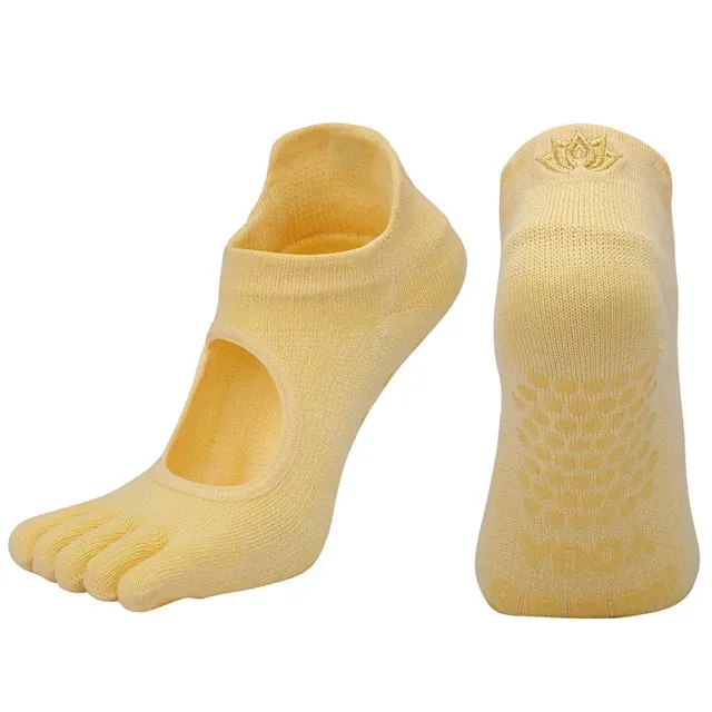Women's Breathable Pilates Socks with Grips - Non-Slip Five Finger Yoga Socks, Backless Ballet Dance Fitness Toe Socks