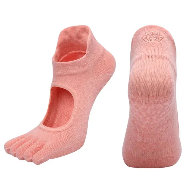 Women's Breathable Pilates Socks with Grips - Non-Slip Five Finger Yoga Socks, Backless Ballet Dance Fitness Toe Socks