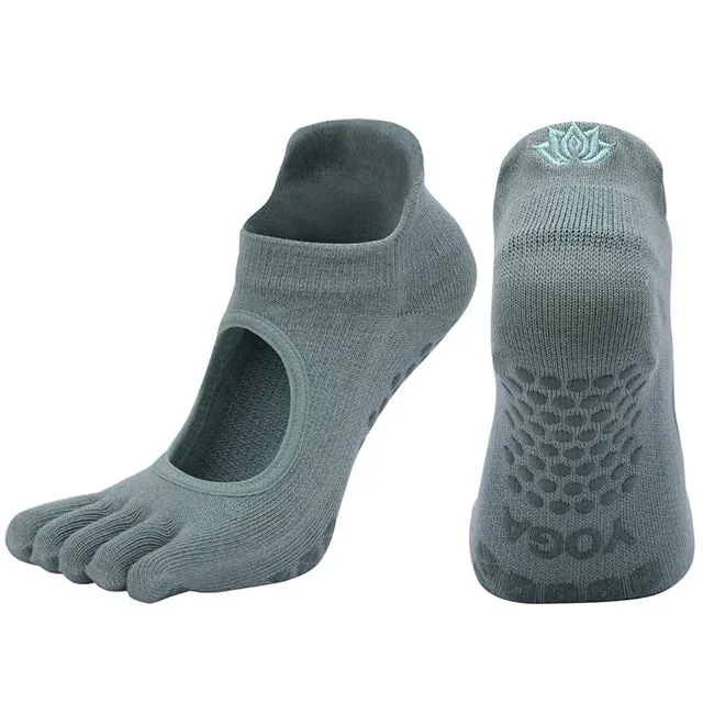 Women's Breathable Pilates Socks with Grips - Non-Slip Five Finger Yoga Socks, Backless Ballet Dance Fitness Toe Socks