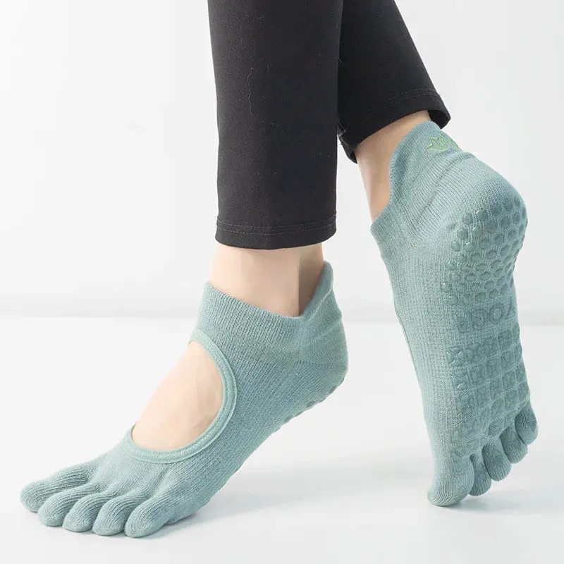 Women's Breathable Pilates Socks with Grips - Non-Slip Five Finger Yoga Socks, Backless Ballet Dance Fitness Toe Socks