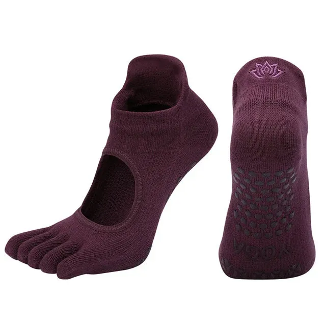 Women's Breathable Pilates Socks with Grips - Non-Slip Five Finger Yoga Socks, Backless Ballet Dance Fitness Toe Socks