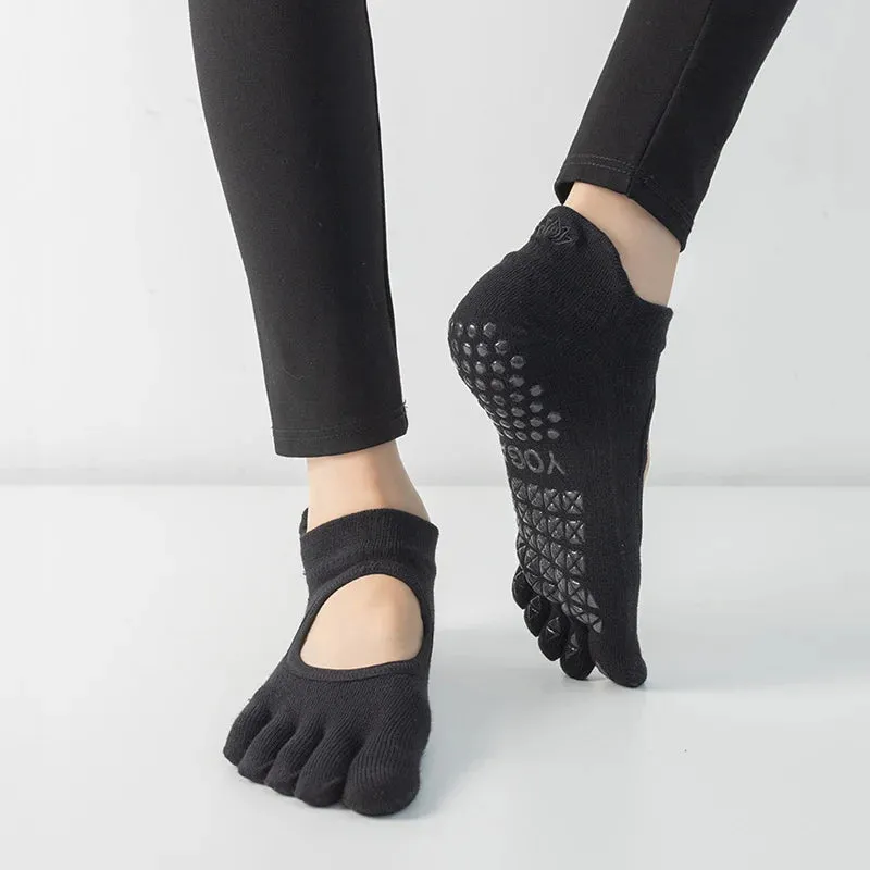 Women's Breathable Pilates Socks with Grips - Non-Slip Five Finger Yoga Socks, Backless Ballet Dance Fitness Toe Socks
