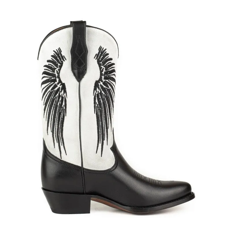 Women's Cowboy Boots in Black Leather with White Suede Upper and Black Wings 2666