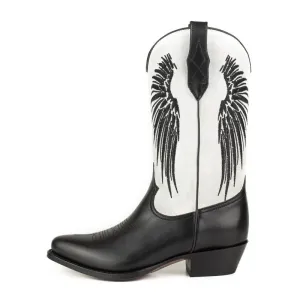 Women's Cowboy Boots in Black Leather with White Suede Upper and Black Wings 2666