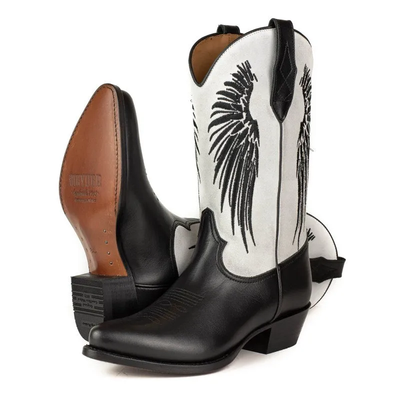 Women's Cowboy Boots in Black Leather with White Suede Upper and Black Wings 2666