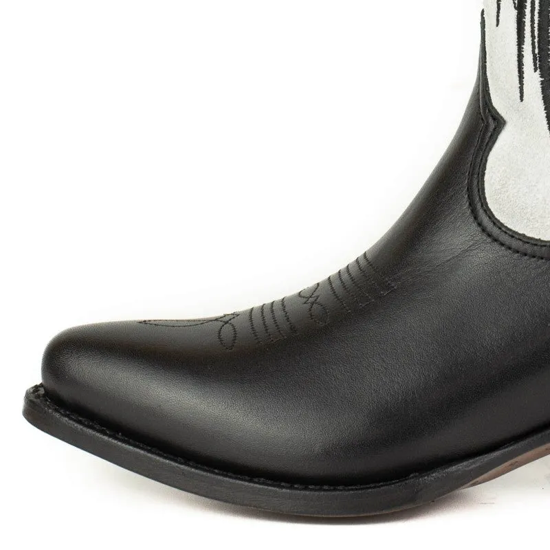 Women's Cowboy Boots in Black Leather with White Suede Upper and Black Wings 2666
