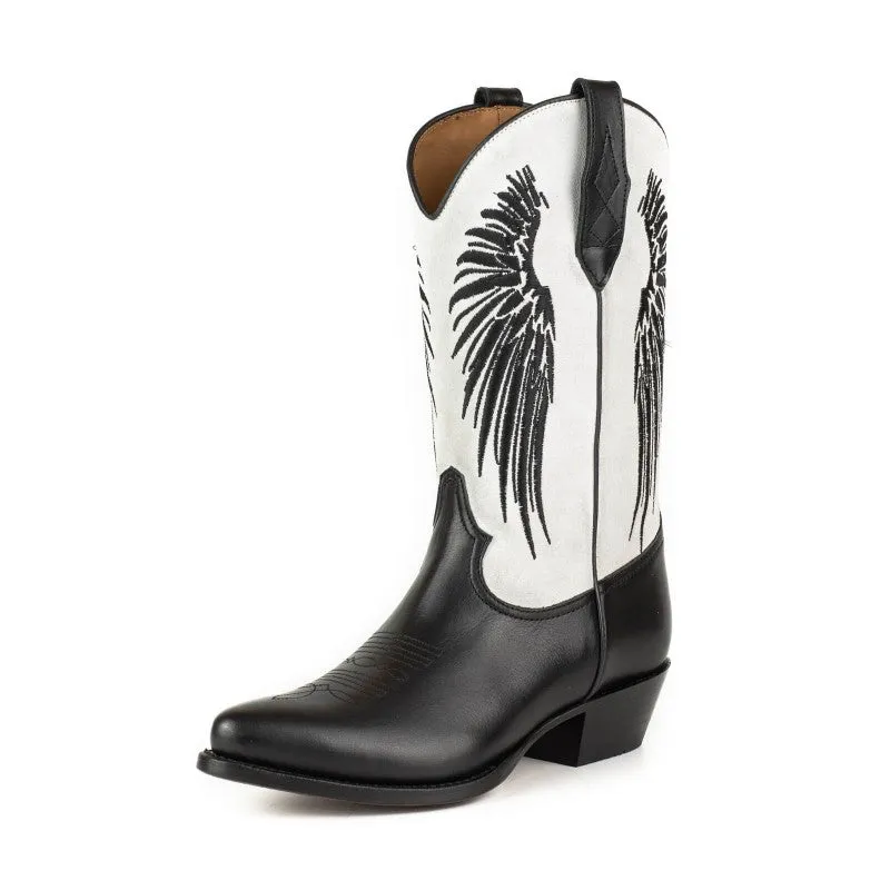 Women's Cowboy Boots in Black Leather with White Suede Upper and Black Wings 2666