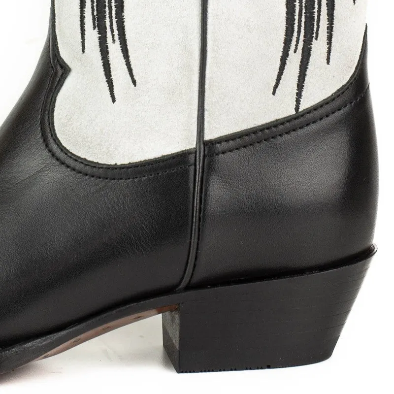 Women's Cowboy Boots in Black Leather with White Suede Upper and Black Wings 2666