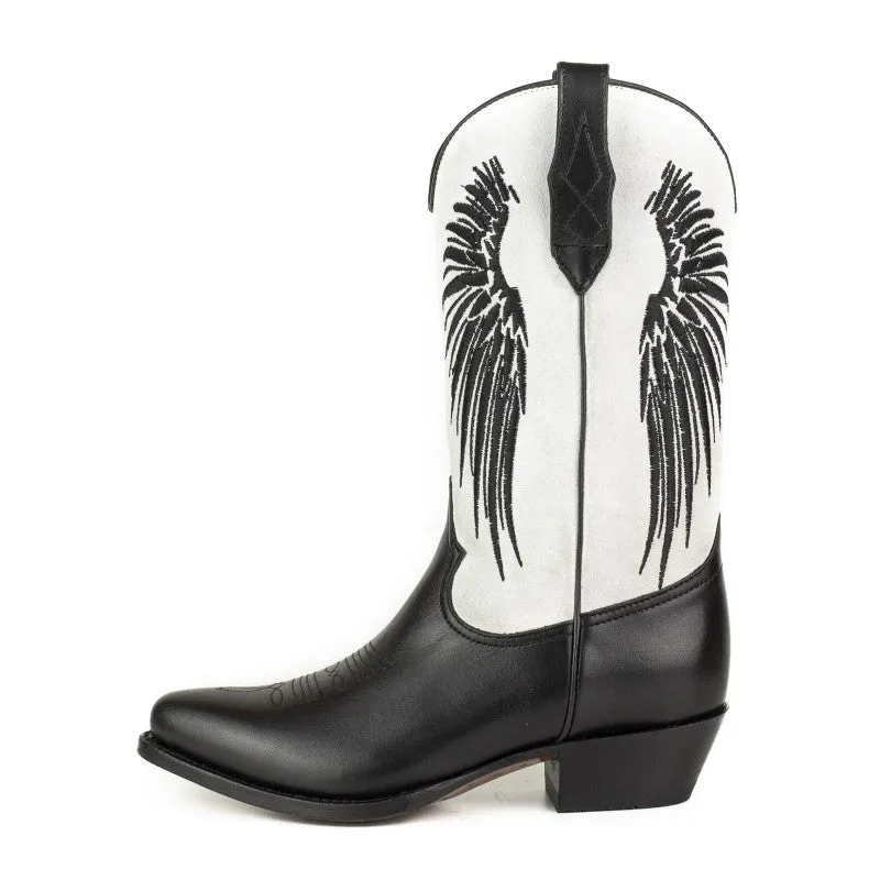 Women's Cowboy Boots in Black Leather with White Suede Upper and Black Wings 2666