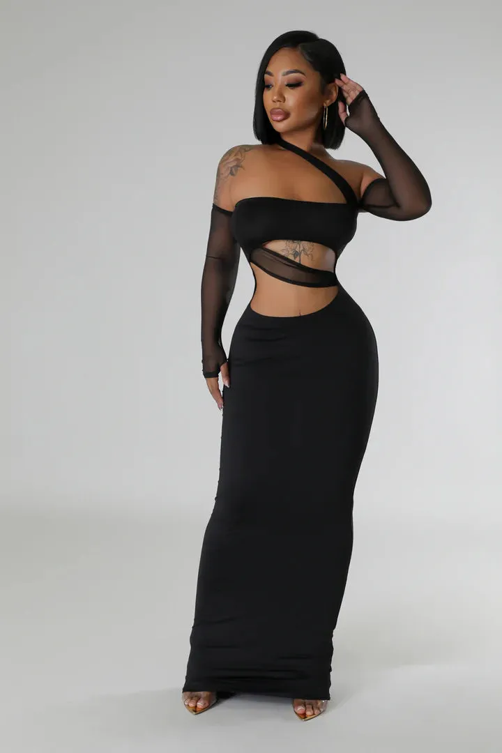 Women's Dazzling Seductive One Strap Sheer Sleeved Cut Out Maxi Dress