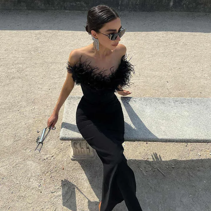 Women's Elegant Black Strapless Feather Detail Gown Dress | Maxi