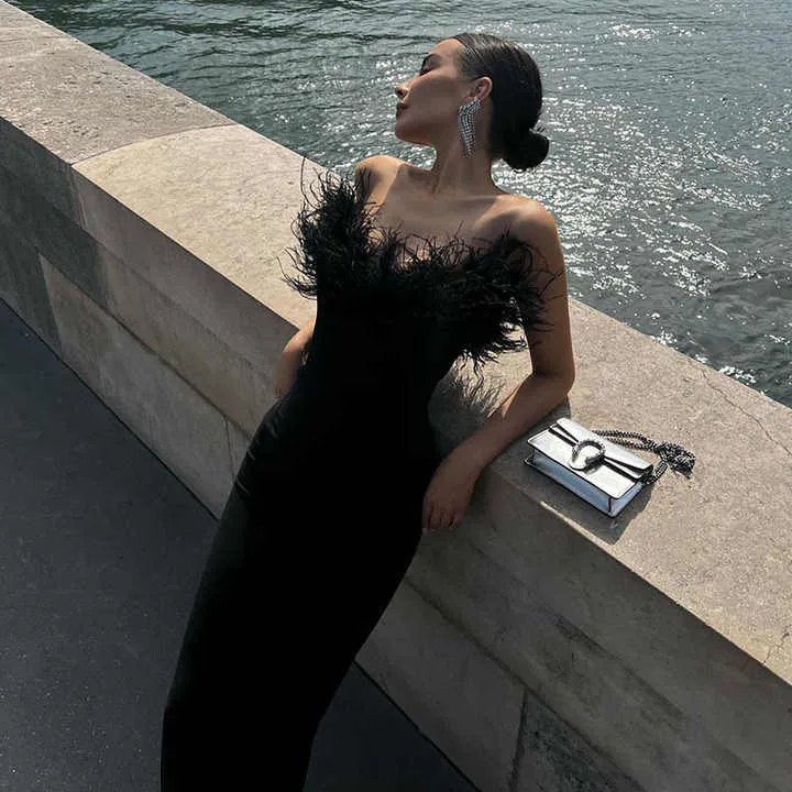 Women's Elegant Black Strapless Feather Detail Gown Dress | Maxi