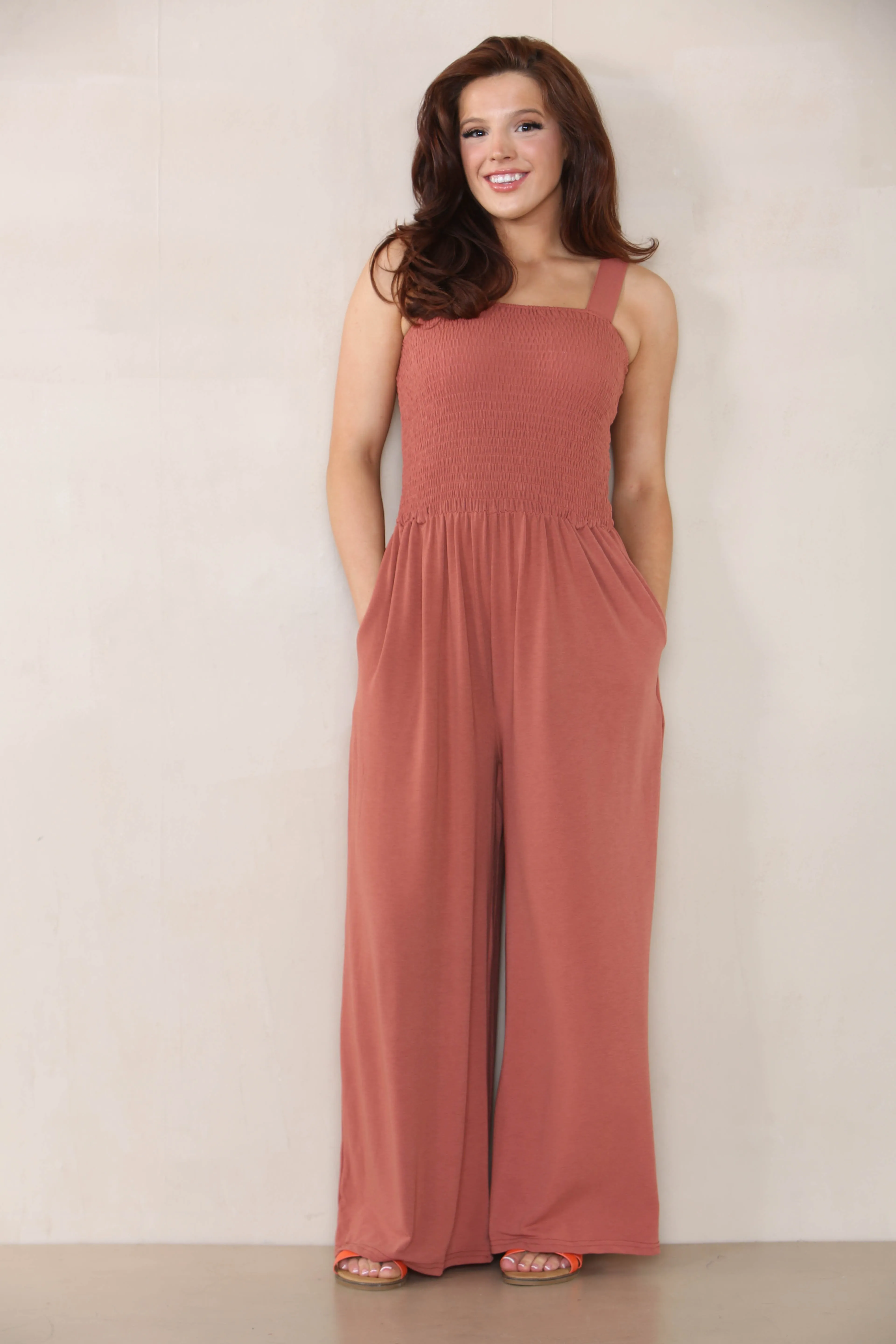 Women's Elegant Plain Thick Strap Ruched Pocket Wide Leg Jumpsuit