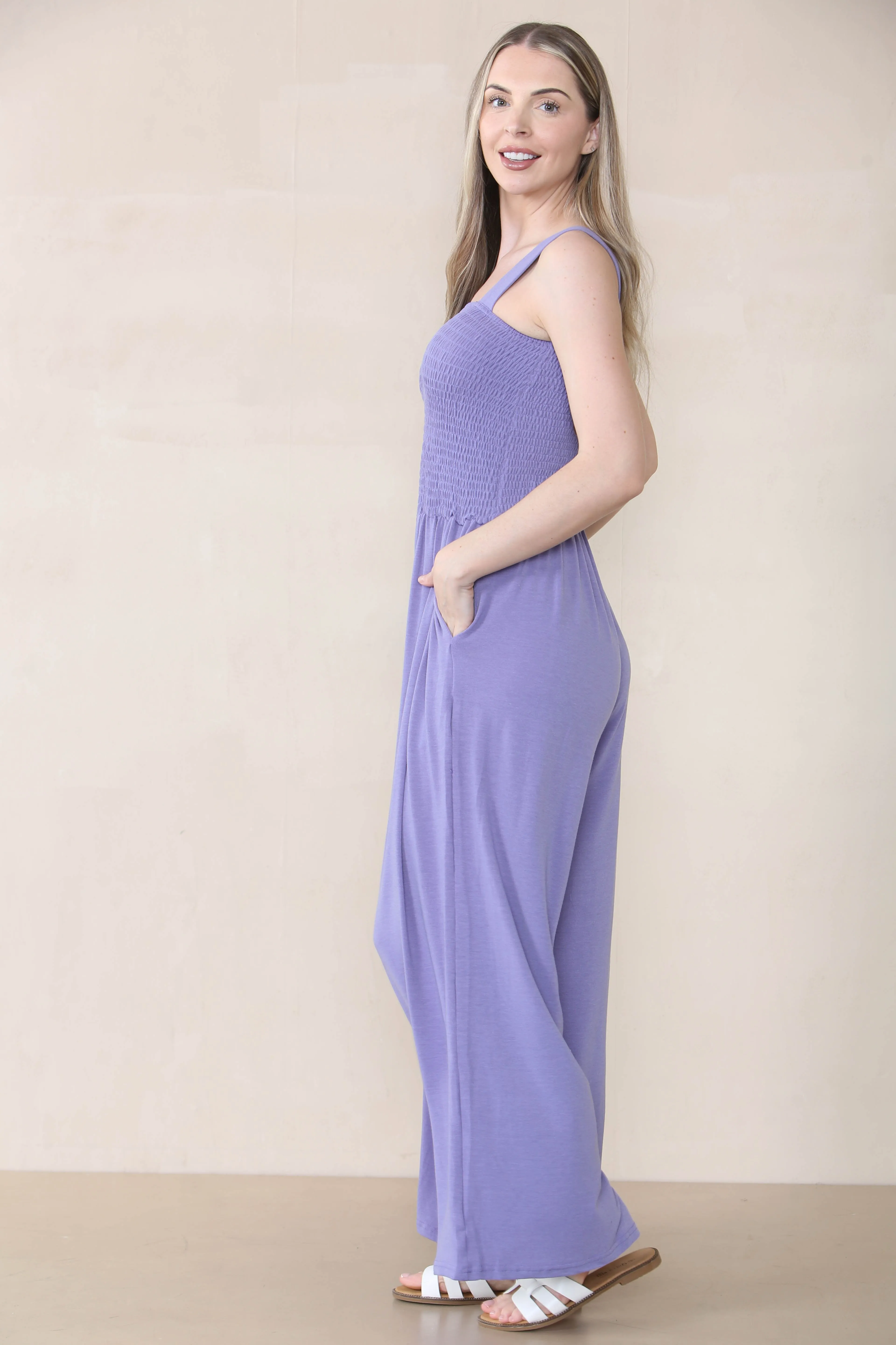 Women's Elegant Plain Thick Strap Ruched Pocket Wide Leg Jumpsuit