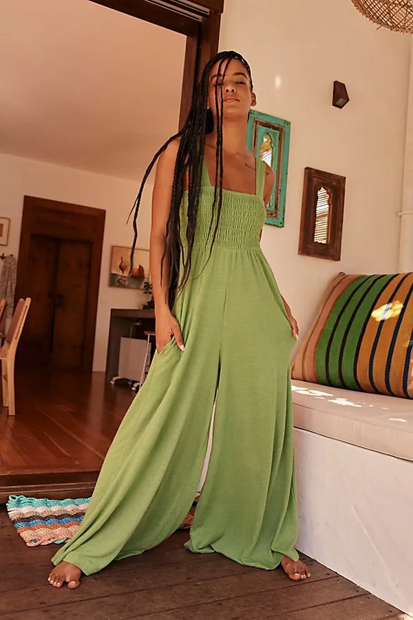 Women's Elegant Plain Thick Strap Ruched Pocket Wide Leg Jumpsuit