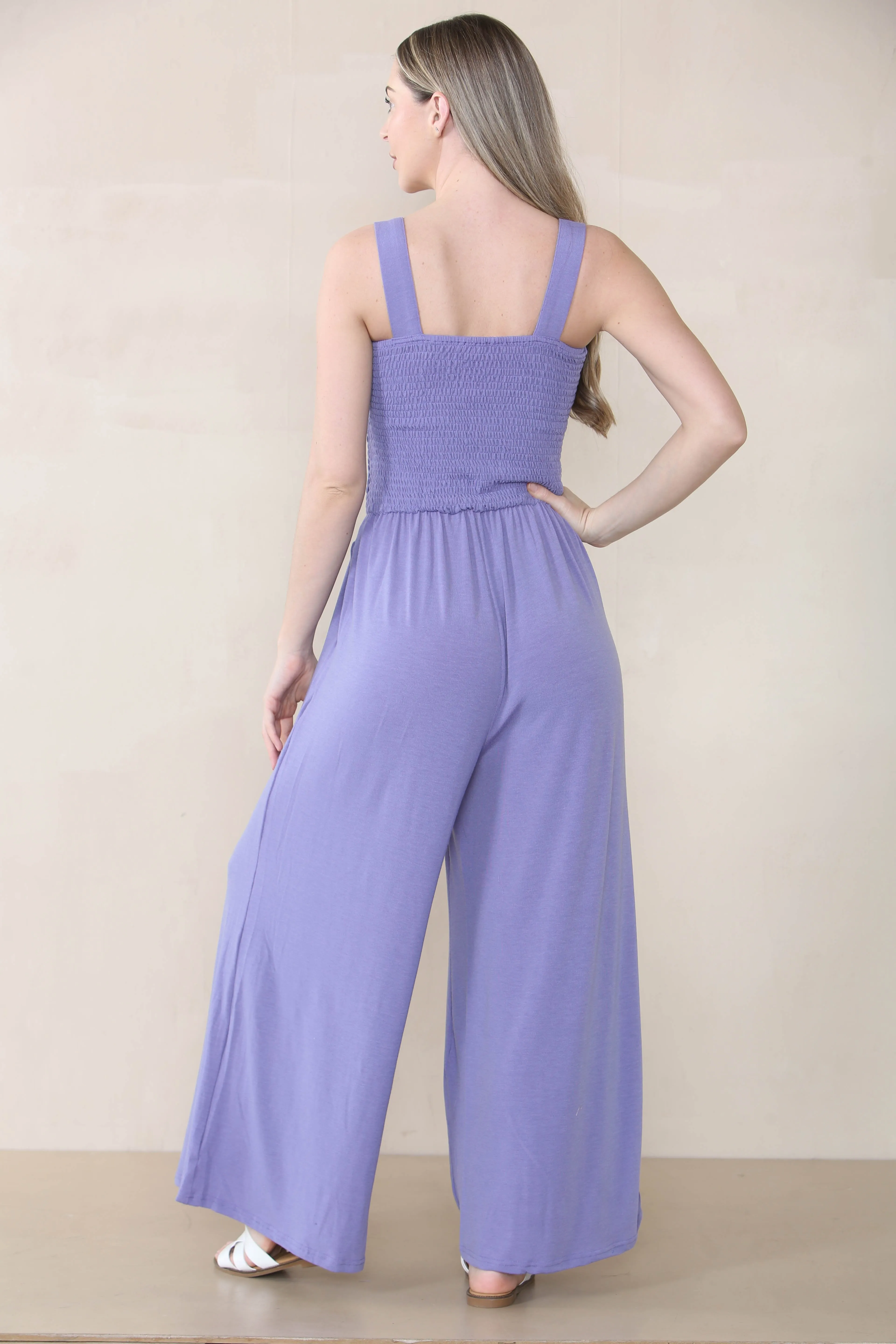 Women's Elegant Plain Thick Strap Ruched Pocket Wide Leg Jumpsuit