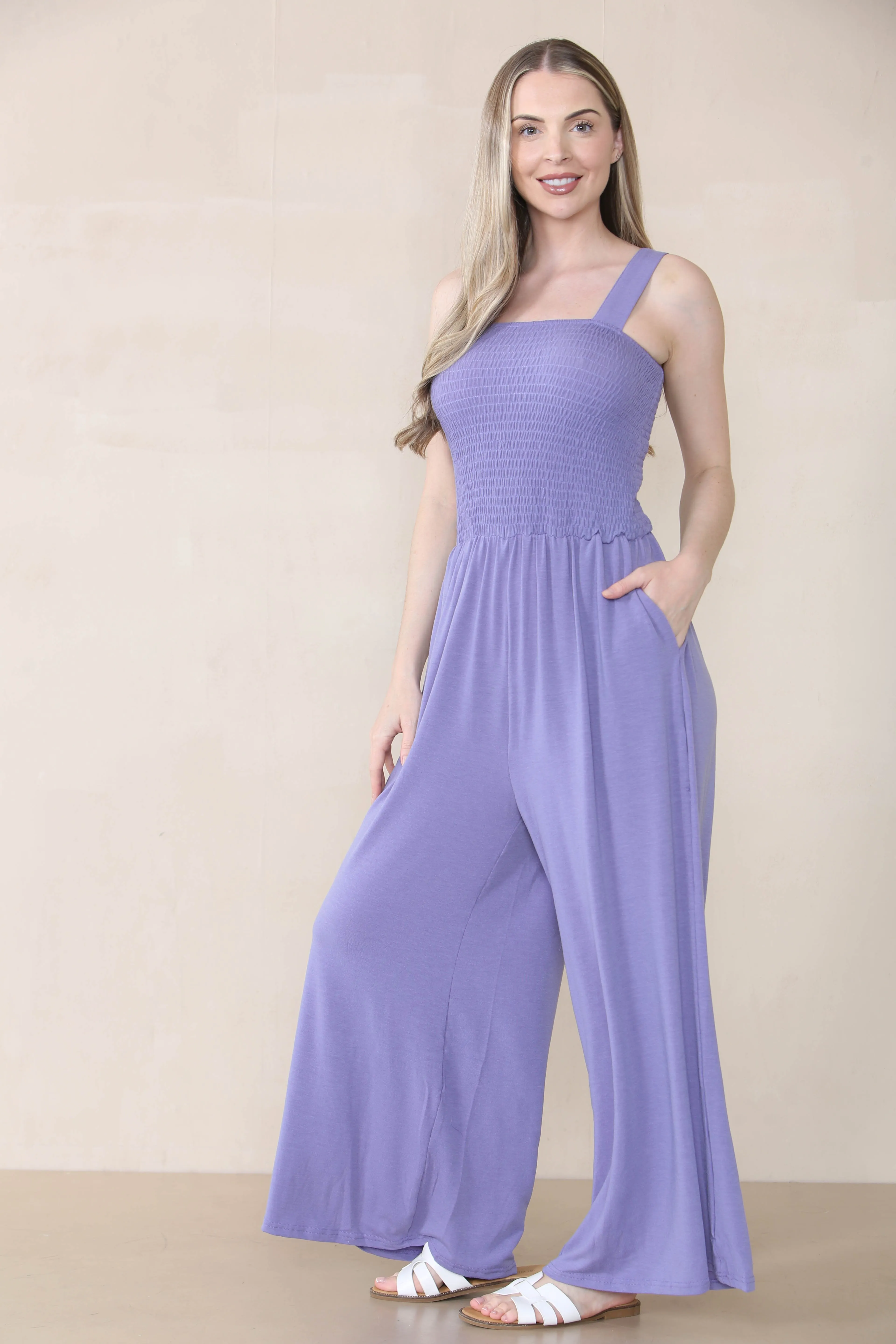 Women's Elegant Plain Thick Strap Ruched Pocket Wide Leg Jumpsuit