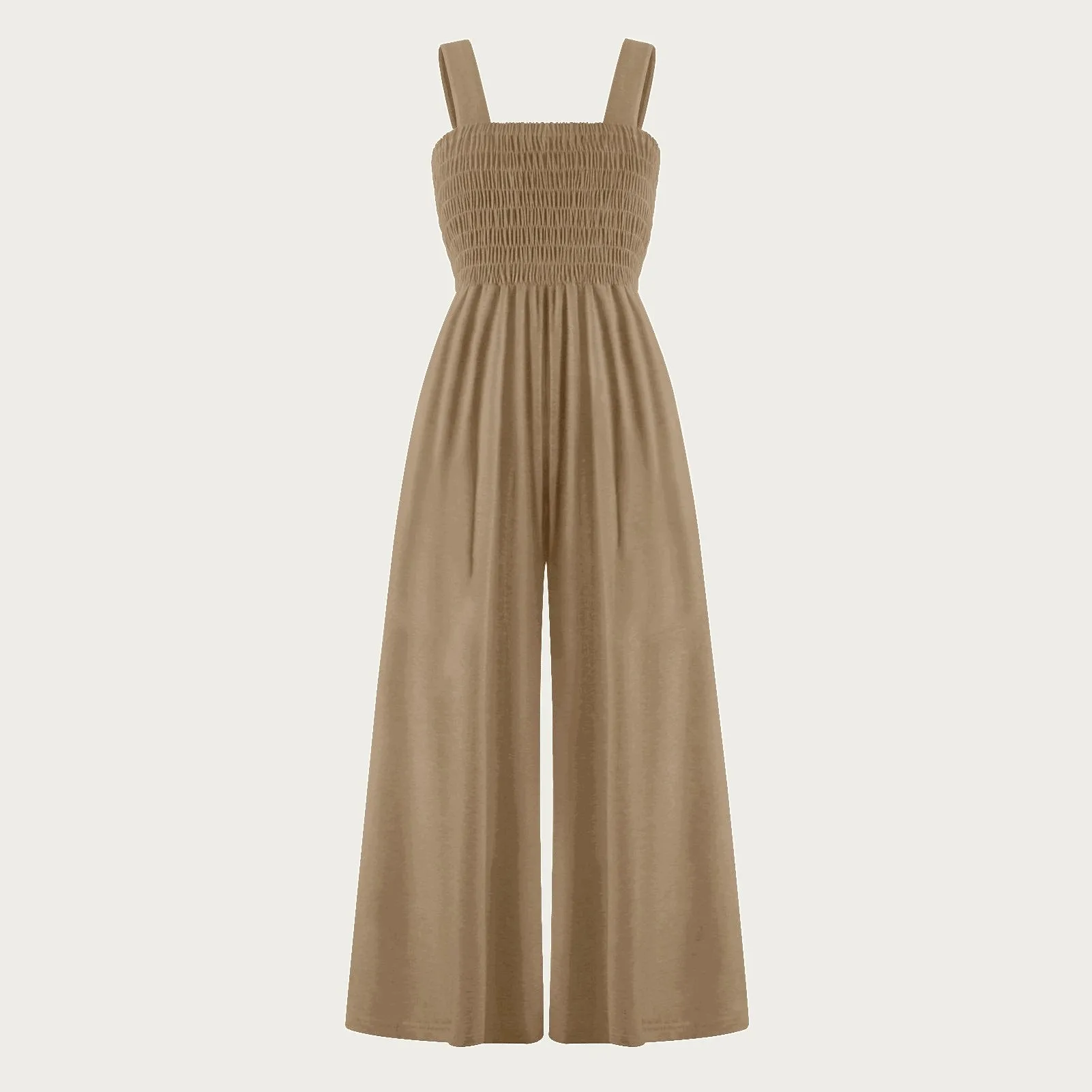 Women's Elegant Plain Thick Strap Ruched Pocket Wide Leg Jumpsuit