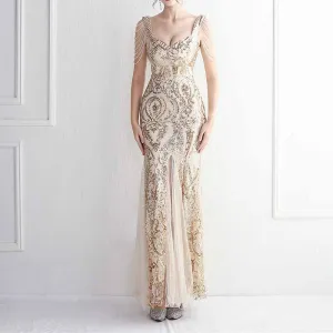 Women's Illusion Embroidery Elegant Mermaid Evening Dress S-4XL