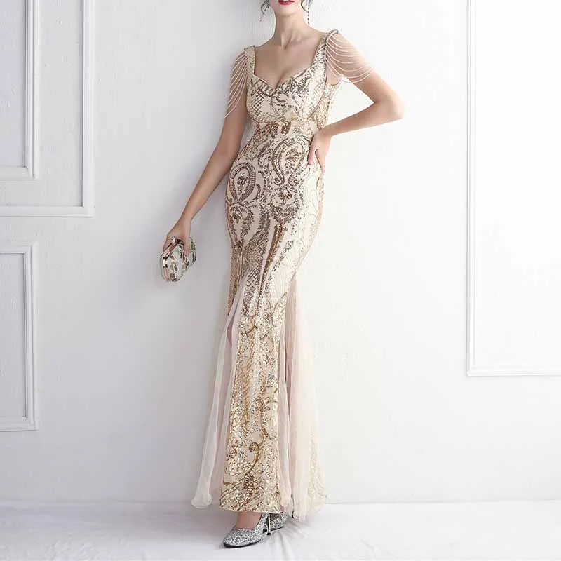 Women's Illusion Embroidery Elegant Mermaid Evening Dress S-4XL