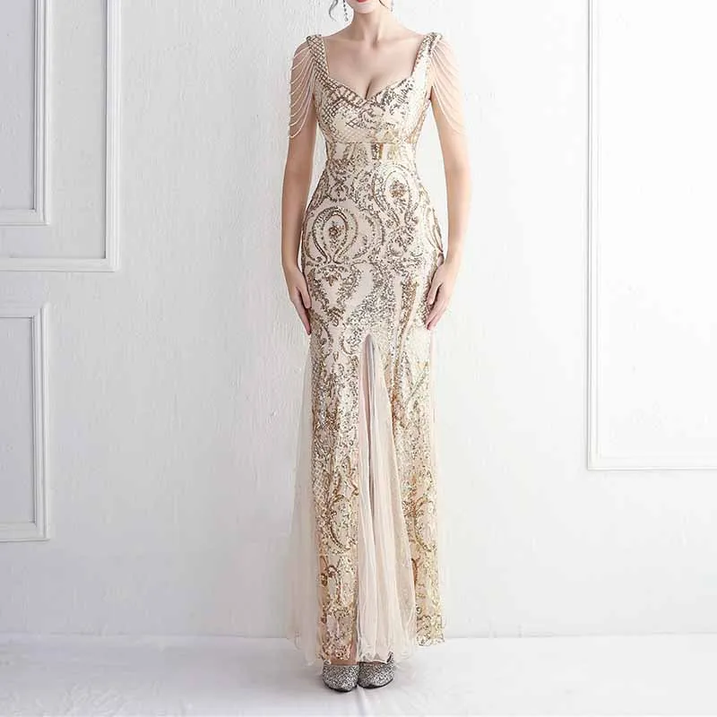 Women's Illusion Embroidery Elegant Mermaid Evening Dress S-4XL