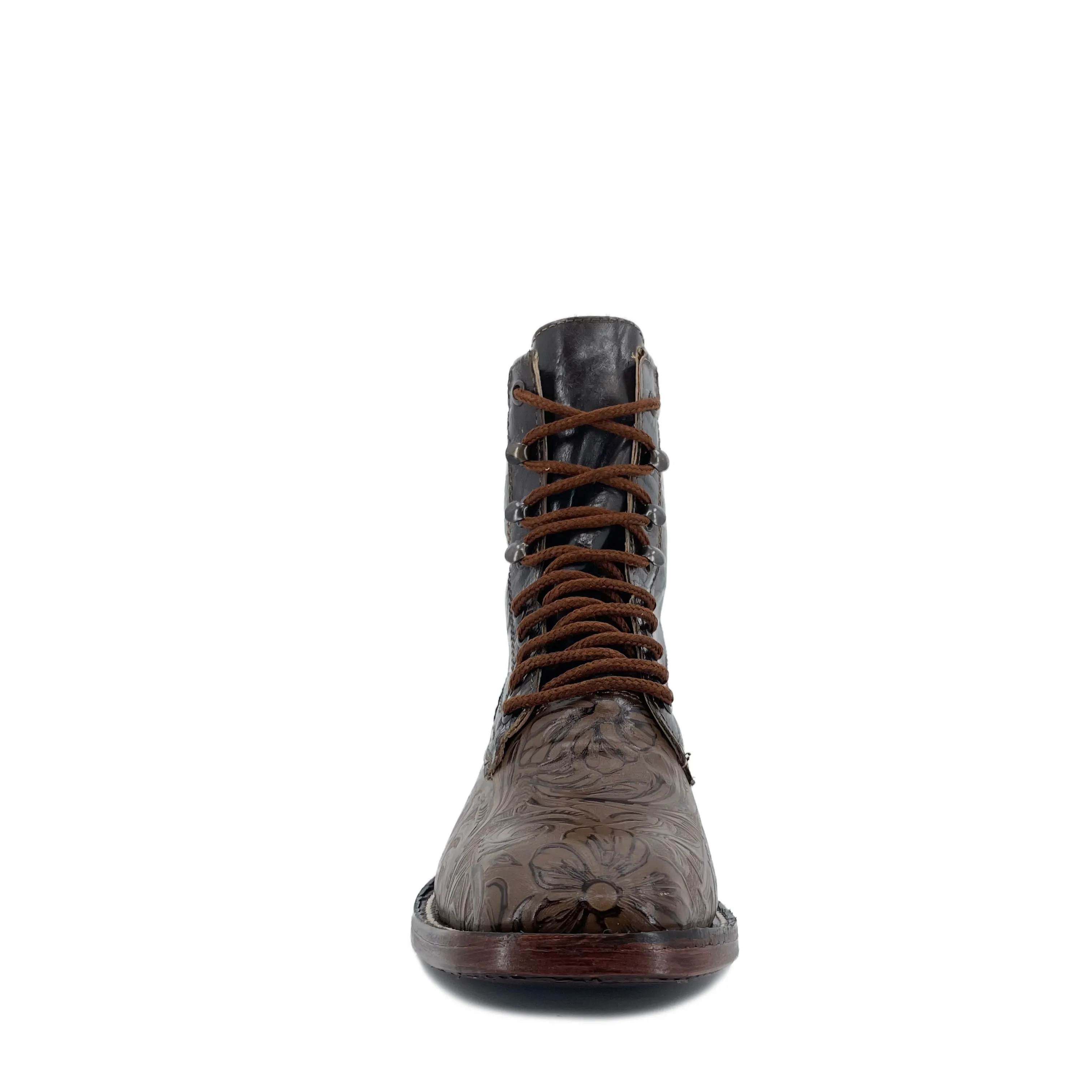Women's Lace Up Boots - Vignette Flowers Brown Outsole